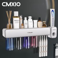 CMXIO ที่เก็บแปรงสีฟันปราศจากการเจาะชั้นแขวนแปรงสีฟัน2/3/4ถ้วยที่บีบยาสีฟันแบบอัตโนมัติจัดของจัดระเบียบห้องน้ำ Lucong Lucong