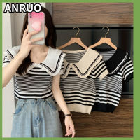 ANRUO เสื้อยืดคอตุ๊กตาแขนสั้นสำหรับผู้หญิง,ดีไซน์สุดหวานเผ็ดคอเสื้ออเมริกาแบบย้อนยุคลายทางลดอายุตามฤดูร้อน