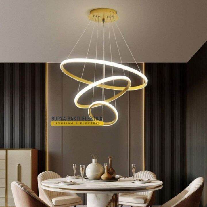 LAMPU GANTUNG 3 RING LED GOLD BRASS LENGKAP REMOTE MINIMALIS MODERN ...