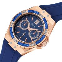 MISSFOX Womens Watches Chronograph Rose Gold Sport Watch Ladies Diamond Blue Rubber Band Xfcs Analog Female Quartz Wristwatch