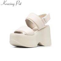 Krazing Pot Brand Sheep Leather Peep Toe Super High Thick Bottom Leisure Summer Shoes Platform Vacation Slingback Women Sandals