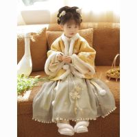 【CW】Girls Hanfu Winter Rabbit Set with Embroidery Princess Jacket Ming Dynasty Dress Childrens Tang Suits Dress New Years Clothing