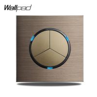 Wallpad L6 3 Gang 1 2 Way Cross Push Button Wall Light Switch Brown Brushed Aluminum Satin Metal Panel Weak Blue LED Indicator