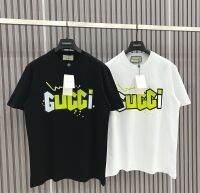 Gu ลำลองแฟชั่นอินเทรนด์เสื้อยืดผ้าฝ้ายแขนสั้นแท้ Unisex ป้ายคอ + ป้ายแขวน