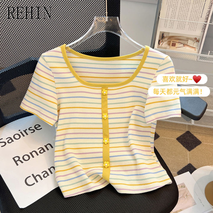 rehin-เสื้อยืดแขนสั้นลายทางแนวตั้งสำหรับผู้หญิง-เสื้อยืดคอเหลี่ยม2023สไตล์ใหม่ชุดฤดูร้อนที่เพรียวบางและมีสไตล์