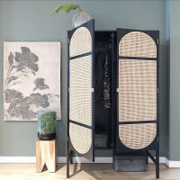 Spot parcel post Nordic Rattan Wardrobe Home Bedroom Black Mid-Ancient Storage Cabinet Double Door Solid Wood Locker