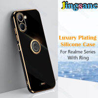 Jingsanc สำหรับ Realme C33โทรศัพท์กรณีหรูหราชุบกับผู้ถือแหวนปลอกที่เรียบง่ายยืนซิลิโคนไฟฟ้าตรงตารางขอบกรณีรวมทุกอย่างเลนส์ปกหลัง