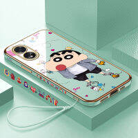 เคสใส่โทรศัพท์สำหรับ OPPO ฟรีสายคล้อง A38 A18 + การ์ตูนน่ารักดินสอสีชินจังเคสลายขอบสี่เหลี่ยมชุบเคสโทรศัพท์หรูหราชุบเคสโทรศัพท์นิ่ม