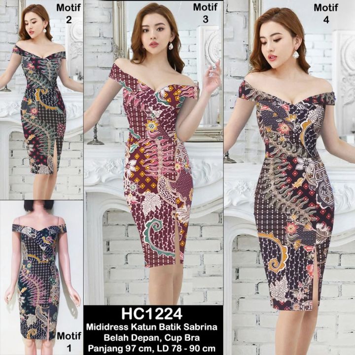 Hc1224 Midi Dress Cotton Batik Sabrina Belah Depan Cup Bra Stretch Midi Dress Batik Seksi 1366