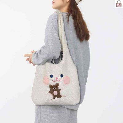 Autumn Winter Shoulder Bag Kawaii Fluffy Totes Purse Large-capacity Cute Embroidery for Shopping Travel for Ladies Girl