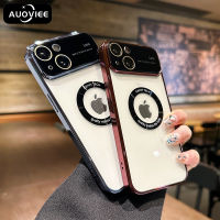 AUOVIEE เคสหน้าต่างใหญ่ใสแบบมีรูโลโก้สำหรับ iPhone 14 Pro Max 14 Plus iPhone 12 13 Pro Max แก้วหรูหราอุปกรณ์ป้องกันเลนส์ PC