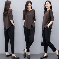 COD SDFERTGRTYTYUYU 2 PCS/SET Womens Set Wear Plus Size Summer Fashion Slim Loose Top Wide-Leg Pants Ladies OL Office work Wear