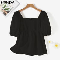 VONDA เสื้อผู้หญิงแขนพองคอสี่เหลี่ยมขนาดใหญ่เสื้อลำลองทรงหลวมสีทึบ (ลายดอกไม้เกาหลี) #2