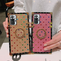 เคสสี่เหลี่ยมหรูหราสำหรับ Xiaomi Redmi Note 10 / Redmi Note 10S,เคสโทรศัพท์ TPU แบบนิ่มแวววาวลายหัวใจรักขนาดเล็ก + ที่ยึดเพชร