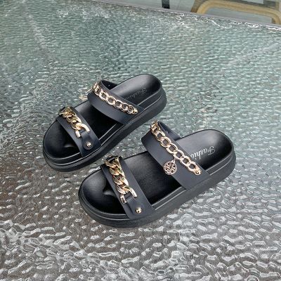 Hot sell 2023 Modern Slippers Double Band Comfortable Womens Slippers Retro Gold Chains Summer Shoes For Women Solid Color Flip-flops