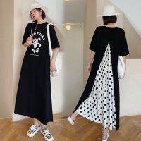 【HOT】▫❄ New Loose Dot T-shirt Round Neck Short Sleeve Patchwork Dresses Fashion Clothing