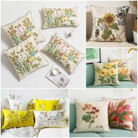 Luxury Embroidery Country Style Floral Pillows Case Sunflower Daisy Narcissus Embroidered Thick Linen Cushions Farmhouse Decor