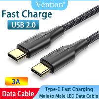 Vention สายเคเบิล Type C เป็น Type C 3A พร้อมไฟ LED ชาร์จเร็ว2.0 USB C สายข้อมูลผ้าทอไนลอนสีดำสำหรับ MacBook Pro iPad Pro Samsung S20 Xiaomi Huawei P30 POCO USB เร็วสาย PD