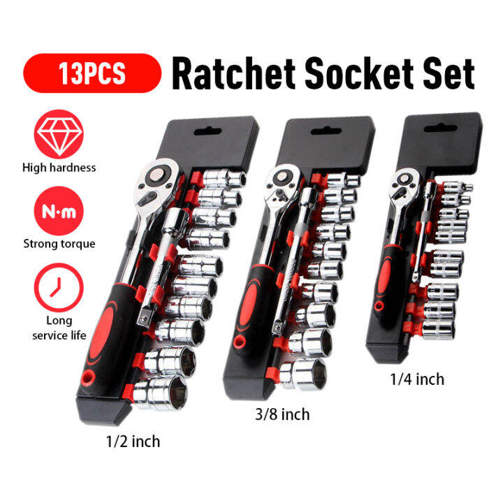 【Ready Stock】13Pcs Ratchet Socket Set 1/2" 3/8" 1/4"Inch Heavy Duty