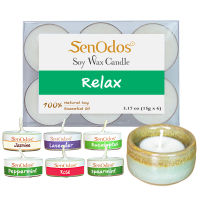 SenOdos กลิ่นสงบพักผ่อน Soy Candles Aroma Relax เทียนหอมอโรม่า (แพ็ค 6 ชิ้น) + เชิงเทียน ที่วางเทียนทีไลท์ ศิลาดล (เซลาดล) สีเขียวหยกขอบทอง