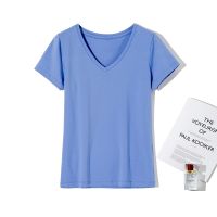 High Quality V-Neck 15 Candy Color Cotton Basic T-shirt Women Plain Simple T Shirt For Women Short Sleeve Female Tops 077