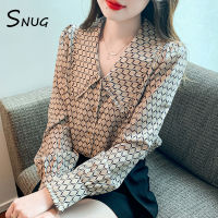 SNUG เสื้อผ้าผู้หญิง2023ฤดูใบไม้ร่วงใหม่เสื้อขนาดเล็กเก๋ไก๋ไฮเอนด์พิมพ์ลายเสื้อแขนยาวแฟชั่นเสื้อชีฟองคลุมท้อง