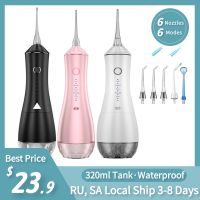 ZZOOI Oral Irrigator Dental Water Flosser USB Rechargeable IPX7 Waterproof Teeth Cleaner 6 Modes 6 Nozzles Water Jet 320ml Water Tank