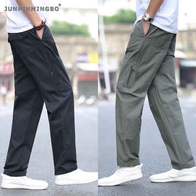 JUNPINMINGBO กางเกงคาร์โก้ผ้าฝ้ายลำลอง2023สำหรับผู้ชาย,กางเกงเอวยางยืดบางสไตล์เรโทรมีซิปตกแต่งขนาดพิเศษ