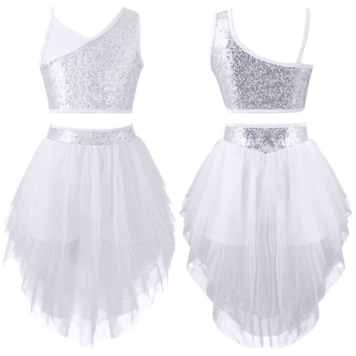 Kids Shiny Gymnastics Ballet Leotard Dress Girls Sequins Crop Top with ...