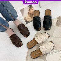 【Ready Stock】 ℗ C40 Casual British Style Women Slippers Fashion Outdoor Wear Flat Heel Mules Leather Cover Foot Lazy Shoes 02495