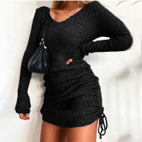 Sexy Mini Bodycon Dress Women Autumn Winter Fashion Casual Black Pink V-neck Long Sleeve Folds Draw String Elegant Dresses Robe