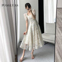 ฤดูร้อนสไตล์ฝรั่งเศสลูกไม้ผู้หญิง Elegant Square COLLAR PARTY Midi หญิงแฟชั่น A line apricot ruffle Lady เสื้อผ้า vestidos