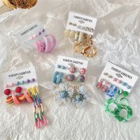 ♧☋▧  6 Pieces/set Chain Earrings for Fashion Color Resin Tassel Exaggerated Big Drop Set Gifts