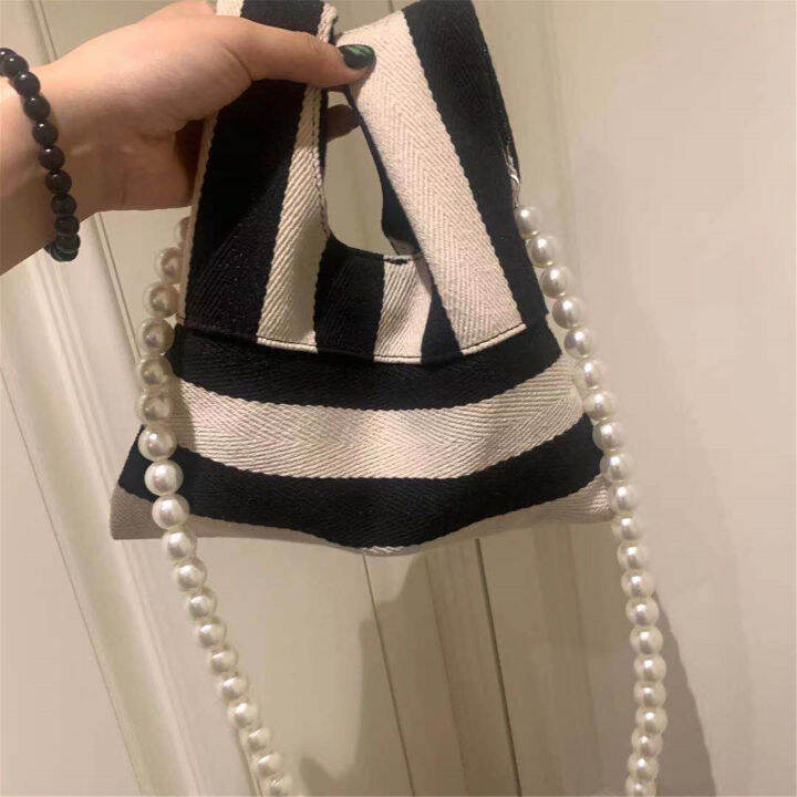 mini-pouch-underarm-bag-versatile-handbag-crossbody-bag-striped-tote-striped-canvas-bag-pearl-handbag