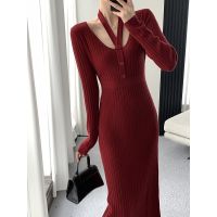 【HOT】 ins red knitted dress womens 2023 autumn and winter new French style self-cultivation thin design bottoming