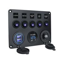 5 Gang LED Switch Panel 12V Power Outlet 4.2A Dual USB Charger Digital Voltmeter Toggle Combination For Boat Truck Camper Marine