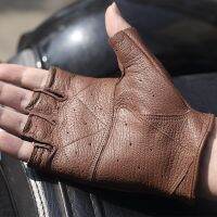 TOP☆Half leather gloves for mens singles thin skin breathable wear drive motorcycle back four households exposed gloves