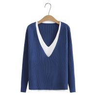 【มีไซส์ใหญ่】Plus Size XL-4XL Womens V-neck Patchwork Knitted Sweaters Solid Color Slim Stretchable Pullovers