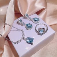 【lz】۞™۩  Jóias femininas elegantes conjunto de três peças com azul aaaa zircon anel brincos colar elegante festa jóias presente de natal