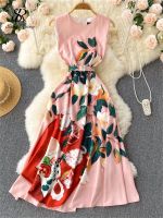 ZZOOI SINGREINY French Design Print Women Dress Summer 2022 Zipper Sashes Elegant Temperament Chic Ladies A Line Romantic Long Dresses