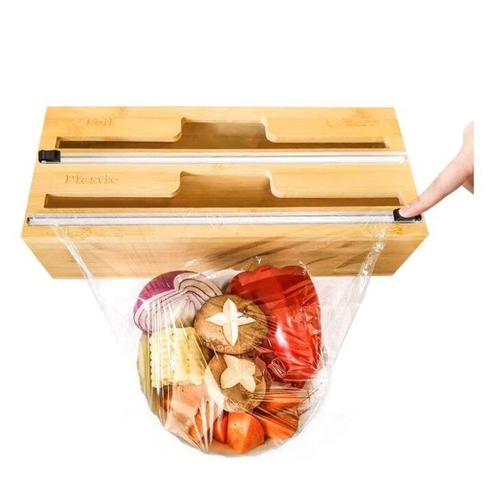 Single or Double Bamboo Cling Wrap dispenser w/ Cutter Storage Organizer Plastic Wrap Aluminum