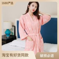 ❀ and summer thin womens pajamas double-layer gauze bathrobe three-quarter sleeve nightgown absorbent breathable home service