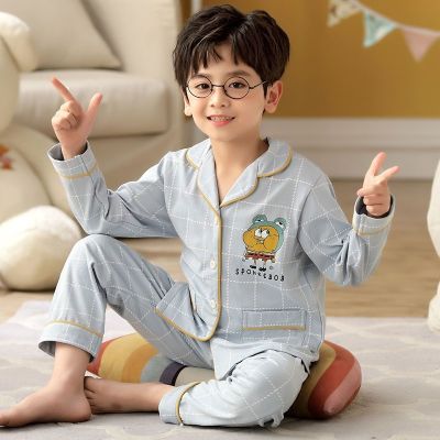 MUJI High quality pure cotton childrens pajamas boys spring and autumn baby long-sleeved thin boys student cotton home clothes set
