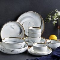 【CW】 Marble Ceramics Plates and Bowls Set Dinnerware Sets Dishes Round Tray Salad Dessert