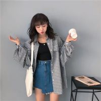 Korean Style Women Ladies Loose Vintage Plaid Long Sleeve Shirt Blouse Baju Baju Wanita Lengan Panjang