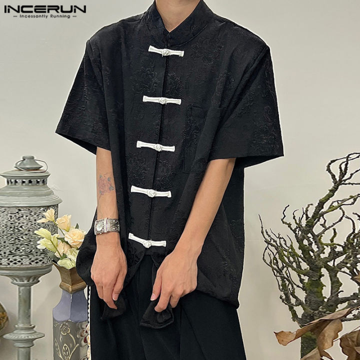 incerun-เสื้อ-relief-ปกผู้ชายแขนสั้นคอจีนเสื้อเชิ้ตลำลองเรียบ-สไตล์จีน