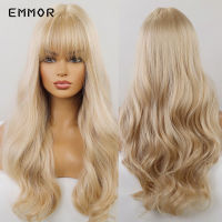 Emmor Long Light Blonde Natural Wave Synthetic Hair Wigs with Bangs High Temperature Fluffy Cosplay Daily Wig for Women