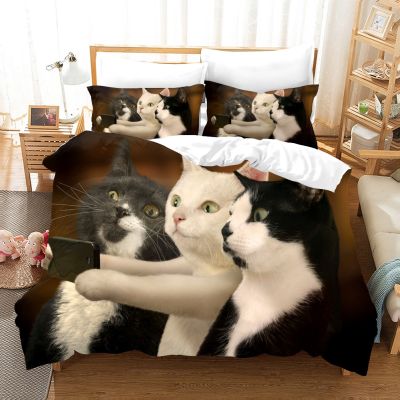 Animal Cat Duvet Cover King Queen Black White Funny Cute Pet Kitty Bedding Set for Kids Teens Adult Fashion Soft Comforter Cover