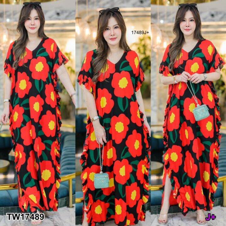 Garden Clothes ชุดเดรส เดรส สาวอวบ แต่งระบายข้าง พิมลายดอกไม้ สีแดง