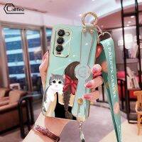 เคสสายรัดข้อมือยาวสำหรับ Infinix Tecno Camon 18 18T 18P CH6 CH6n CH7 CH7n  รูปหญิงสาวและลายแมวน่ารักชุบโครเมี่ยมสุดหรู TPU นิ่มป้องกันกล้องสี่เหลี่ยมเคสยางป้องกันการตกลงมา